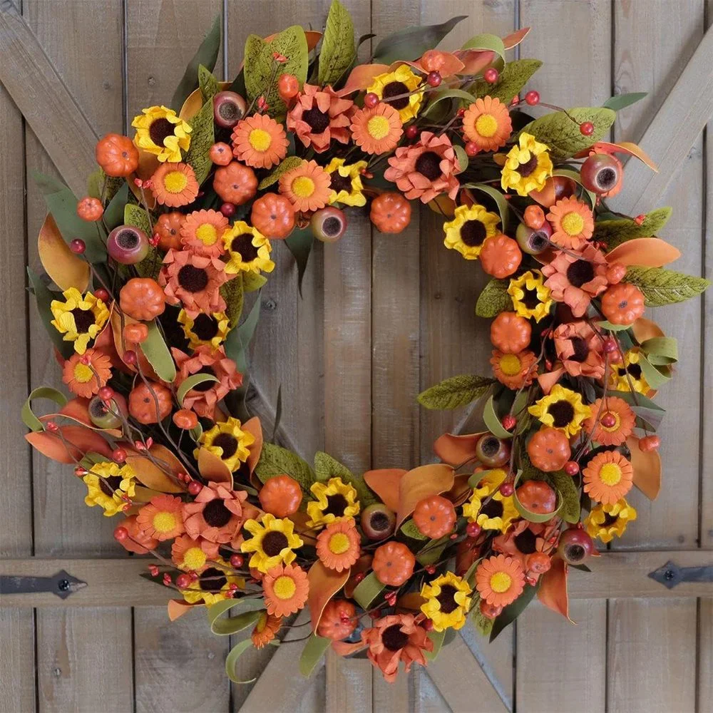 Fall Wreath Artificial Pumpkin Wreath Green Leaves for‎ Front Door Autumn Wreath
